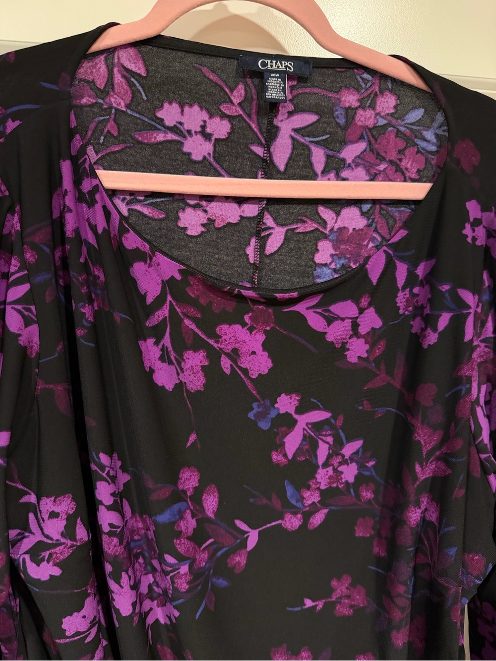 Chaps Womens 20W Purple Floral Cowl Neck Sheath Dress 3/4 Sleeve Ruched - Picture 3 of 6